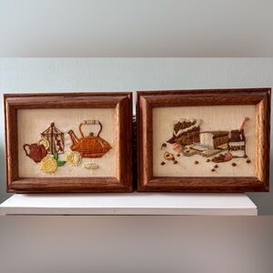 2 vintage hand -stitched crewel embroidery framed art - Kitchen themed